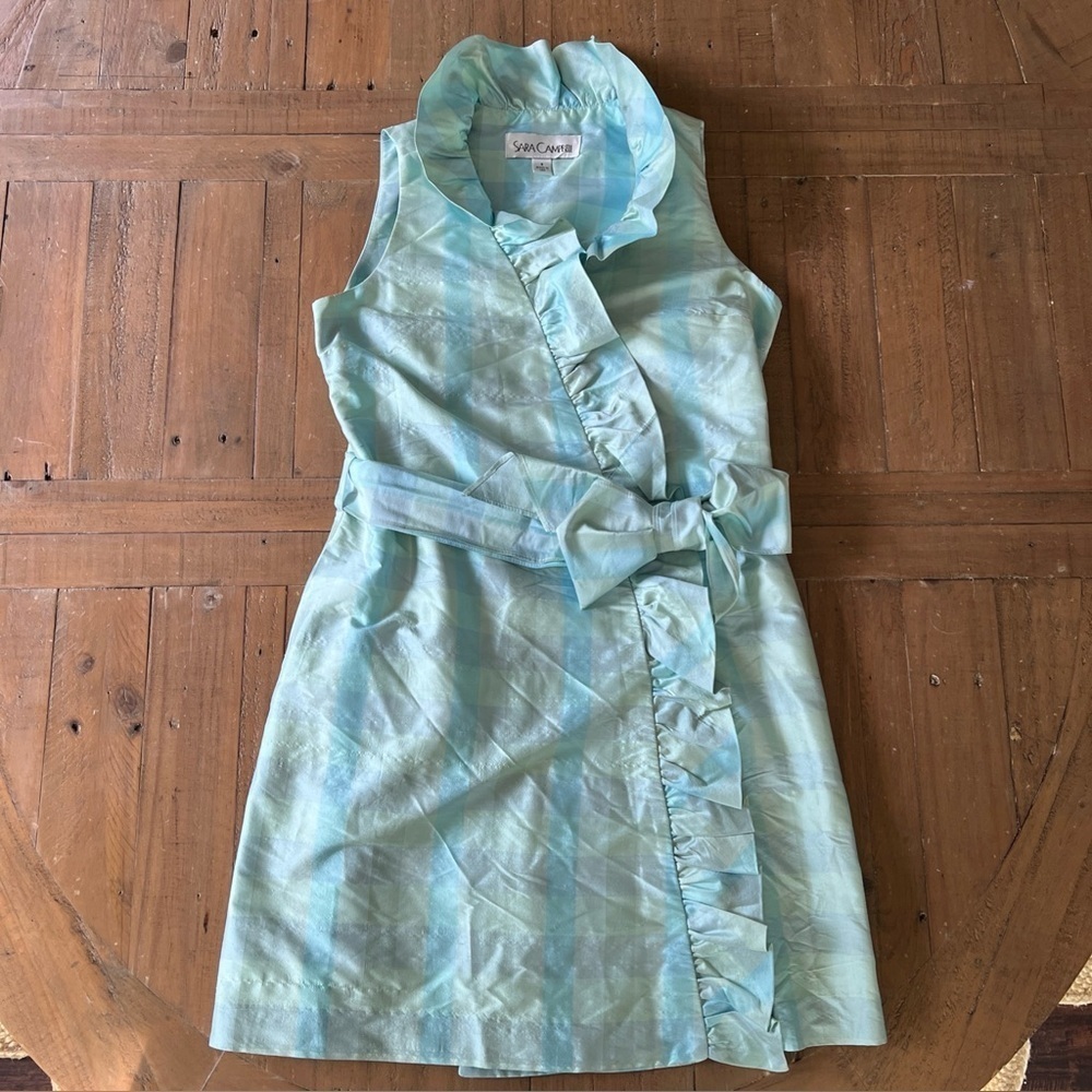 Sarah Campbell Silk Plaid Dress Sleeveless Tie Front Ruffled Preppy Women’s 6